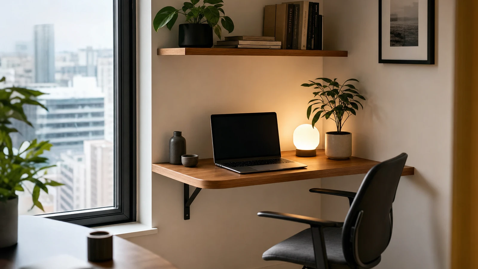 floating corner desk in a compact home workspace