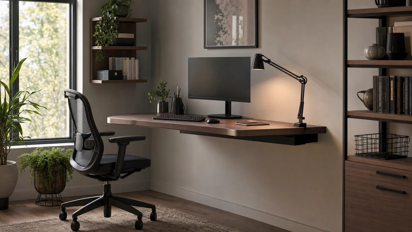 floating corner desk in a compact home workspace